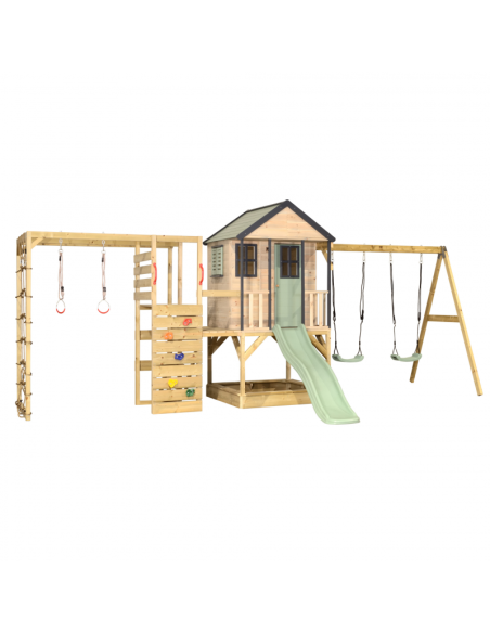 M60PGN_G,Casuta de gradina Pastel Green Adventure Cottage cu platforma, tobogan, leagan dublu si modul sport (M60PGN_G), Wendi T
