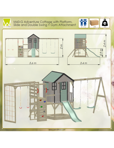 M60PGN_G,Casuta de gradina Pastel Green Adventure Cottage cu platforma, tobogan, leagan dublu si modul sport (M60PGN_G), Wendi T