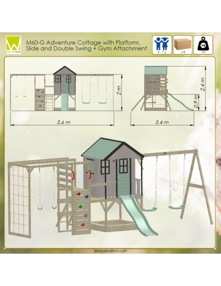 M60PGN_G,Casuta de gradina Pastel Green Adventure Cottage cu platforma, tobogan, leagan dublu si modul sport (M60PGN_G), Wendi T