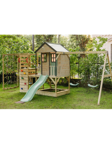 M60PGN_G,Casuta de gradina Pastel Green Adventure Cottage cu platforma, tobogan, leagan dublu si modul sport (M60PGN_G), Wendi T