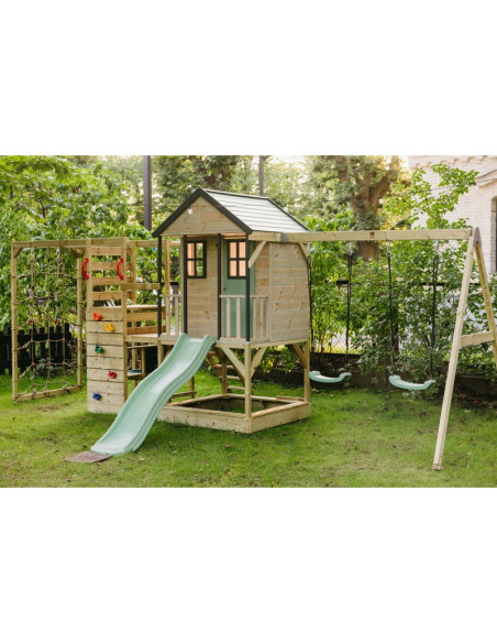 M60PGN_G,Casuta de gradina Pastel Green Adventure Cottage cu platforma, tobogan, leagan dublu si modul sport (M60PGN_G), Wendi T