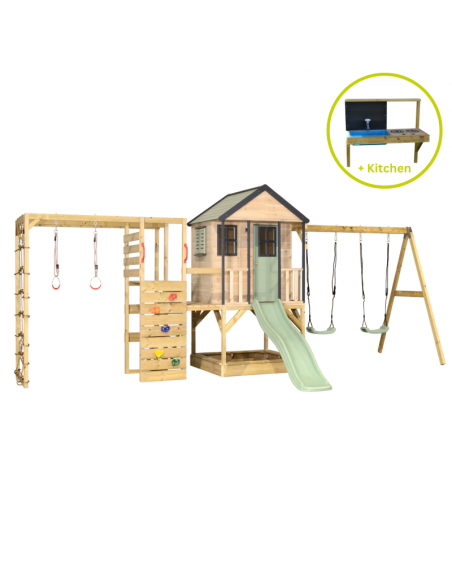 M60PGN_GK,Casuta de gradina Pastel Green Adventure Cottage cu tobogan, leagan dublu, modul sport si bucatarie (M60PGN_GK), Wendi
