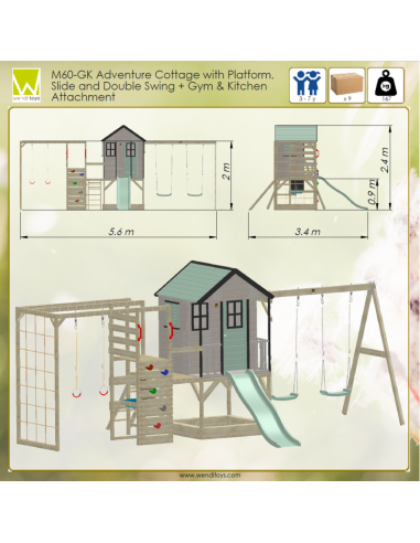 M60PGN_GK,Casuta de gradina Pastel Green Adventure Cottage cu tobogan, leagan dublu, modul sport si bucatarie (M60PGN_GK), Wendi