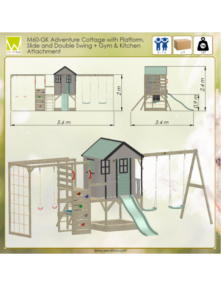 M60PGN_GK,Casuta de gradina Pastel Green Adventure Cottage cu tobogan, leagan dublu, modul sport si bucatarie (M60PGN_GK), Wendi