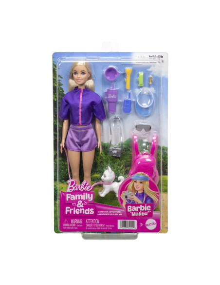 MTJJV59,Barbie Family And Friends Set Papusa Barbie Malibu Si Accesorii Aventuri In Aer Liber