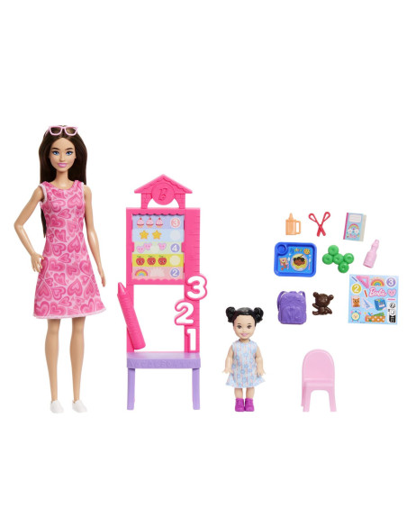 MTJCR71_JMK16,Barbie Set De Joaca Papusa Barbie Bruneta Cu Rochie Roz Face Cariera Profesoara