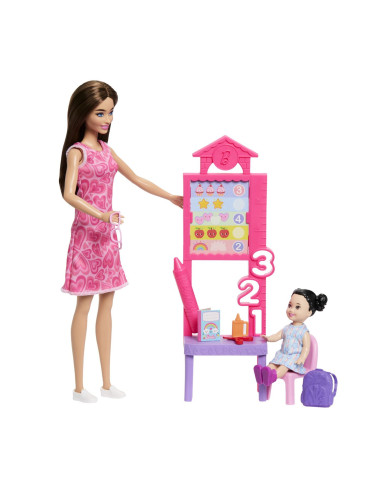 MTJCR71_JMK16,Barbie Set De Joaca Papusa Barbie Bruneta Cu Rochie Roz Face Cariera Profesoara