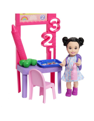 MTJCR71_JMK16,Barbie Set De Joaca Papusa Barbie Bruneta Cu Rochie Roz Face Cariera Profesoara