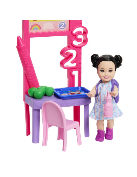 MTJCR71_JMK16,Barbie Set De Joaca Papusa Barbie Bruneta Cu Rochie Roz Face Cariera Profesoara
