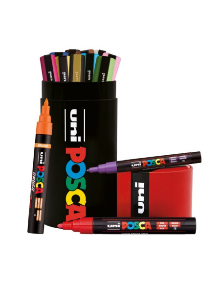 Set 13x Marker UNI Posca, cutie metalica forma marker (PC-3M, PC-5M, PC-5MR)