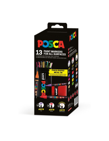 Set 13x Marker UNI Posca, cutie metalica forma marker (PC-3M, PC-5M, PC-5MR)