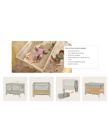 BN-LO-ELLEN_BEIGE_SAND,Patut pliant multifunctional, Lionelo, Ellen, Cu laterala culisanta, Nivel suplimentar, Intrare laterala 
