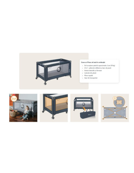 BN-LO-STEFI_BLACK_CARBON,Patut pliant, Lionelo, Stefi, Cu un nivel, Cu intrare laterala cu fermoar, 2 roti, 120x60 cm, Conform c