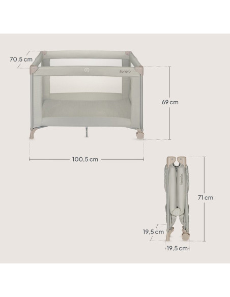 BN-LO-AMELIE_BEIGE_SAND,Patut pliant, Lionelo, Amelie, Cu intrare laterala, 100.5×70.5 cm, Include salteluta, roti, geanta pentr