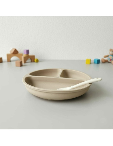 BN-BL588,Farfurie compartimentata, Bocioland, Rotunda, Cu 3 compartimente, Fara BPA, 6-36 luni, Beige