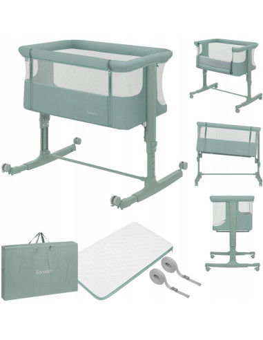 BN-LO-AURORA_GREEN_SAGE,Patut co-sleeper, Lionelo, Aurora, 3 in 1, Cu leganare si setare unghiulara, Saltea cu densitate T25 si 
