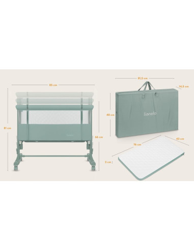 BN-LO-AURORA_GREEN_SAGE,Patut co-sleeper, Lionelo, Aurora, 3 in 1, Cu leganare si setare unghiulara, Saltea cu densitate T25 si 