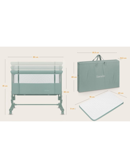 BN-LO-AURORA_GREEN_SAGE,Patut co-sleeper, Lionelo, Aurora, 3 in 1, Cu leganare si setare unghiulara, Saltea cu densitate T25 si 