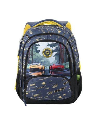 Ghiozdan scoala Ecada 614509, 4 compartimente, 41 × 31 × 16 cm, Motiv Racing