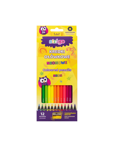 SSC117,Creioane colorate Strigo SSC117, NEON, 12 culori, cu ascutitoare