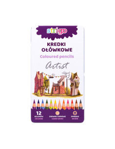 SSC114,Creioane colorate Strigo SSC114, seria 'ARTIST', 12 culori, cutie metalica, lemn cedru