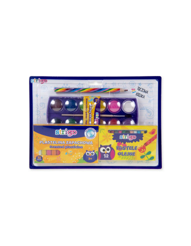 STRIGO SCHOOL SET 4 PCS "2",Set scolar Strigo, 4 piese - cutie acuarele si pensula, plastilina, creion multicolor si creioane ce