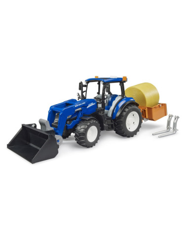 BR02187,Bruder - Tractor New Holland T5.120 cu incarcator frontal detasabil lada pentru basculat baloti si furci