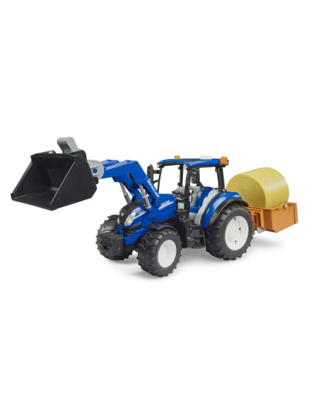 BR02187,Bruder - Tractor New Holland T5.120 cu incarcator frontal detasabil lada pentru basculat baloti si furci