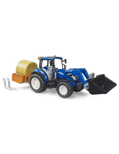 BR02187,Bruder - Tractor New Holland T5.120 cu incarcator frontal detasabil lada pentru basculat baloti si furci