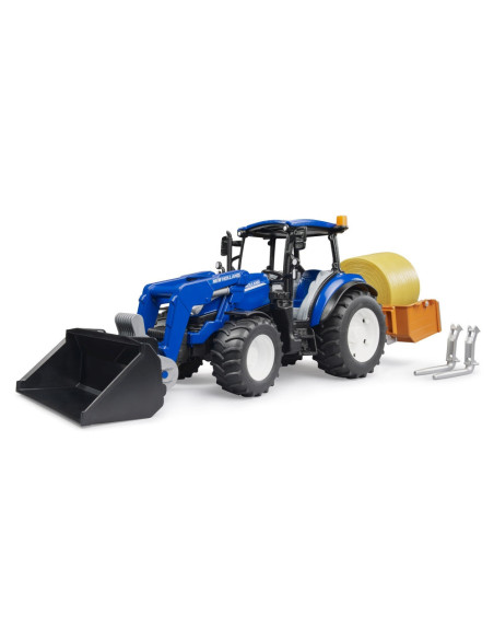 BR02187,Bruder - Tractor New Holland T5.120 cu incarcator frontal detasabil lada pentru basculat baloti si furci