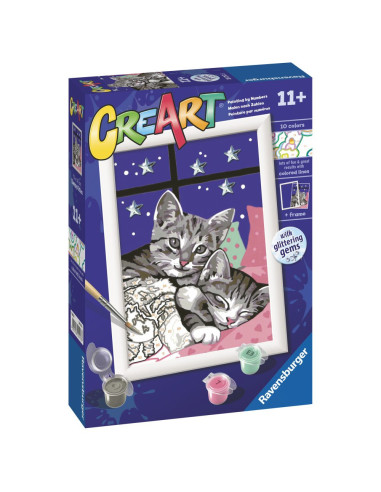 RVSPBN20213,Ravensburger - CreArt pictura pe numere pentru copii pisicute somnoroase cu pietre sclipitoare