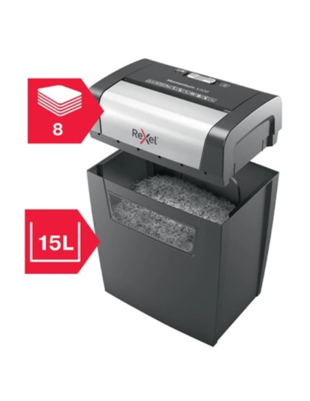 Distrugator documente manual REXEL MOMENTUM X308, P3, cross-cut (confeti), 8 coli, cos 15l, negru