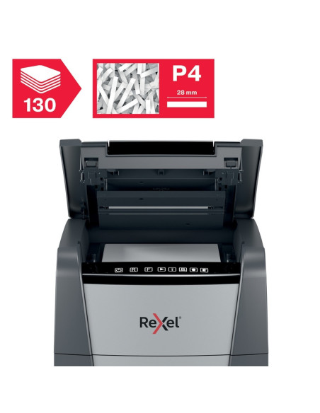 Distrugator documente automat REXEL Optimum 130X, P4, cross-cut, 130 coli, cos 44l, negru-gri