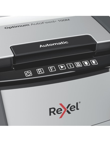 RX-2020100MEU,Distrugator documente automat REXEL Optimum 100M, P5, micro-cut, 100 coli, cos 34l, negru-gri