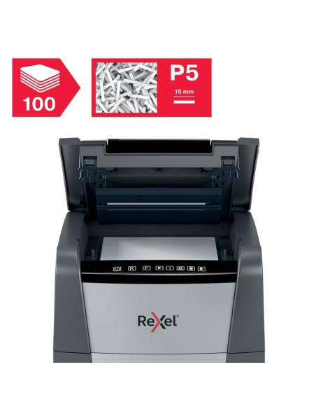 RX-2020100MEU,Distrugator documente automat REXEL Optimum 100M, P5, micro-cut, 100 coli, cos 34l, negru-gri