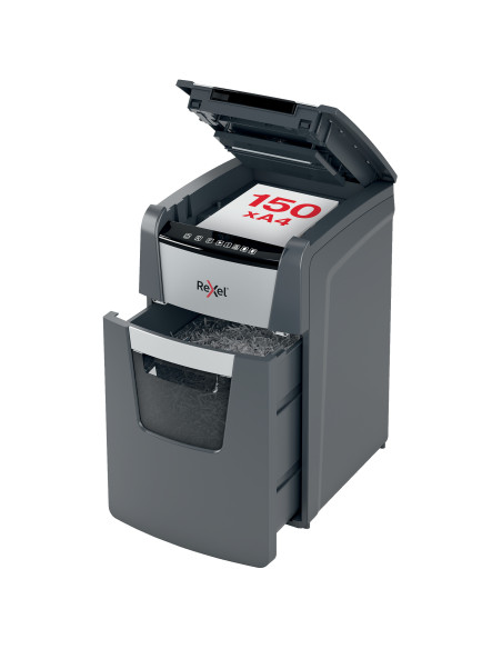 Distrugator documente automat REXEL Optimum 150X, P4, cross-cut, 150 coli, cos 44l, negru-gri