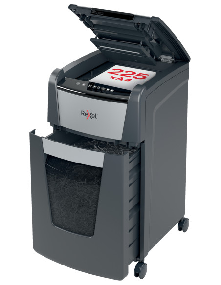 Distrugator documente automat REXEL Optimum 225M, P5, micro-cut, 225 coli, cos 60l, negru-gri