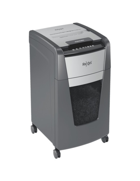 Distrugator documente automat REXEL Optimum 225M, P5, micro-cut, 225 coli, cos 60l, negru-gri