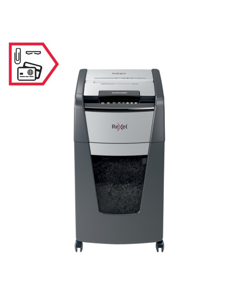Distrugator documente automat REXEL Optimum 225M, P5, micro-cut, 225 coli, cos 60l, negru-gri