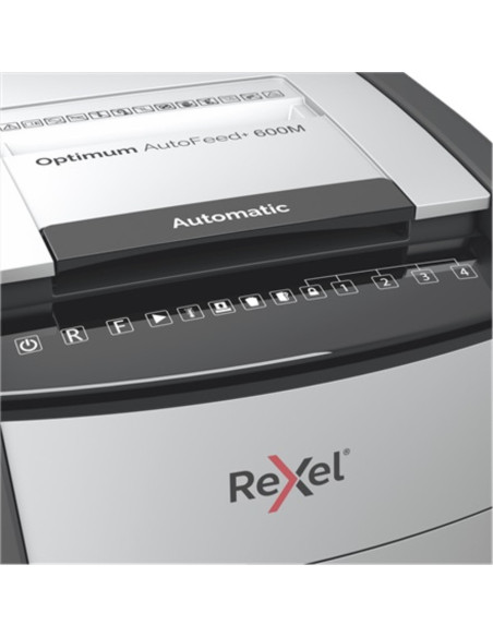 Distrugator documente automat REXEL Optimum 600M, P5, micro-cut, 600 coli, cos 110l, negru-gri