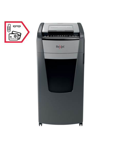 Distrugator documente automat REXEL Optimum 600M, P5, micro-cut, 600 coli, cos 110l, negru-gri