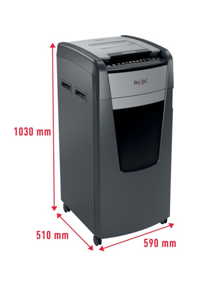 Distrugator documente automat REXEL Optimum 600M, P5, micro-cut, 600 coli, cos 110l, negru-gri
