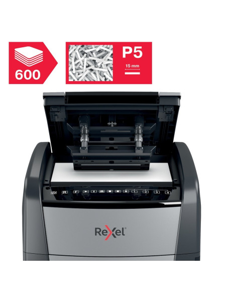 Distrugator documente automat REXEL Optimum 600M, P5, micro-cut, 600 coli, cos 110l, negru-gri