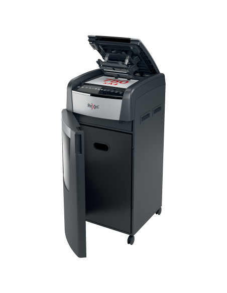 Distrugator documente automat REXEL Optimum 750M, P5, micro-cut, 750 coli, cos 140l, negru-gri