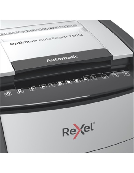 Distrugator documente automat REXEL Optimum 750M, P5, micro-cut, 750 coli, cos 140l, negru-gri