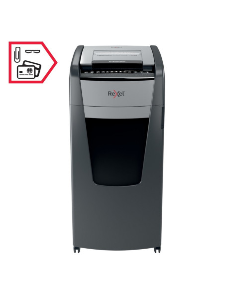 Distrugator documente automat REXEL Optimum 750M, P5, micro-cut, 750 coli, cos 140l, negru-gri