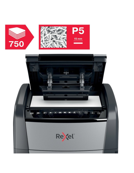 Distrugator documente automat REXEL Optimum 750M, P5, micro-cut, 750 coli, cos 140l, negru-gri