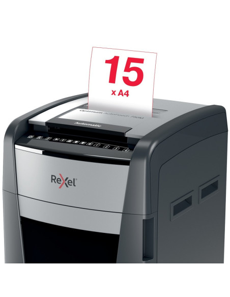 Distrugator documente automat REXEL Optimum 750M, P5, micro-cut, 750 coli, cos 140l, negru-gri