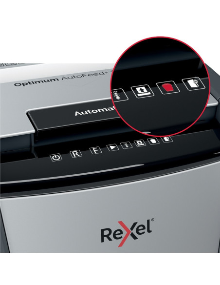 Distrugator documente automat REXEL Optimum 750M, P5, micro-cut, 750 coli, cos 140l, negru-gri