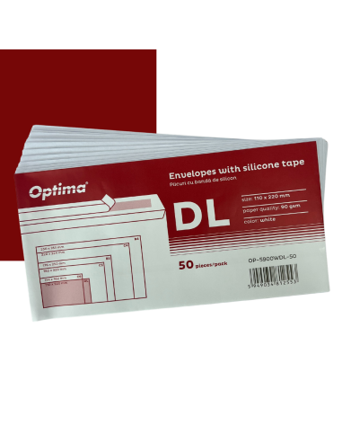 OP-5900WDL-1000,Plic DL (110x220mm), lipire siliconica, 1000 buc/cutie, Optima - alb